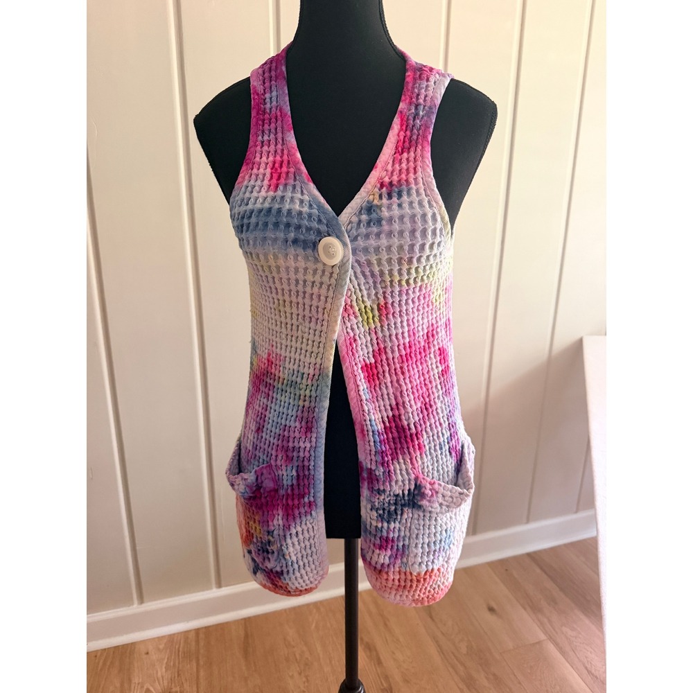 Mod-O-Doc Tie Dye Waffle Knit Vest Pink Blue Boho Lagenlook Festival Pocketed
